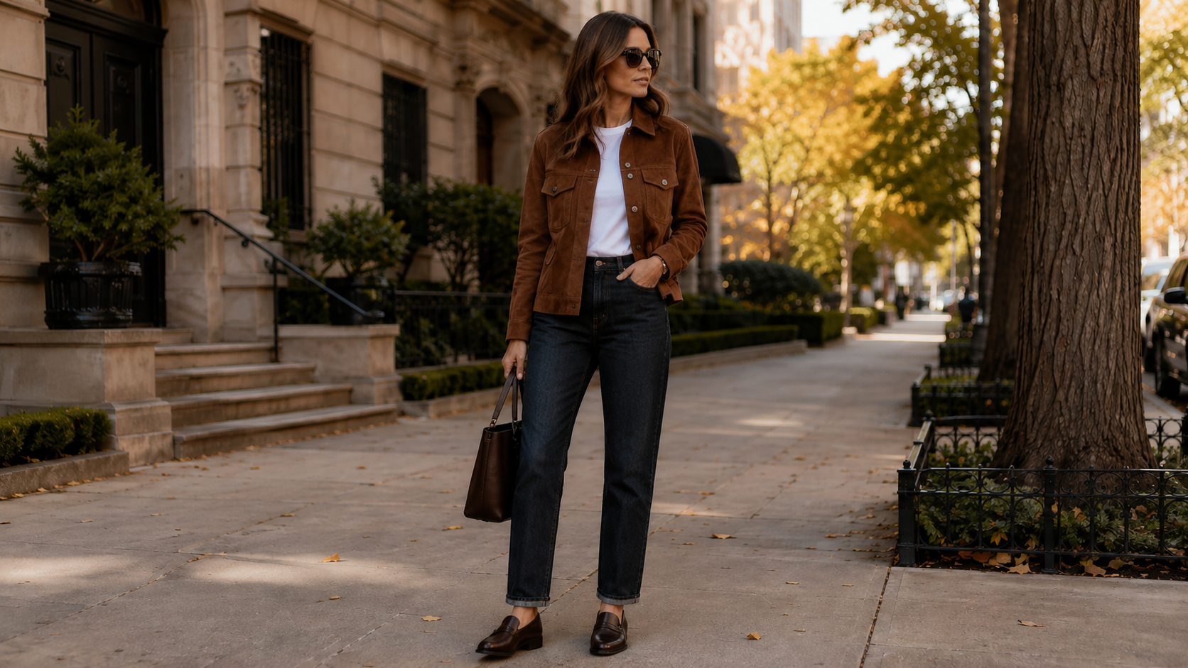 Warm Caramel Suede Jacket with White Tee and Dark Raw Denim Fall Outfit